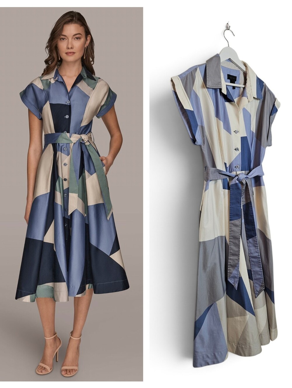 Donna Karan Midi Shirt Dress 12 Pockets Printed Pleated Belted Button Down Blue